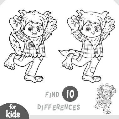 Cute werewolf boy character. Spot the differences game for kindergarten and preschool children. Black and white coloring page in cartoon style for autumn and Halloween fun.