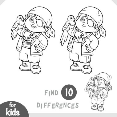 Papağan kuşu olan sevimli korsan çocuk. Anaokulu ve anaokulu çocukları için farklılıkları belirle. Çocuklar için tropik maceralar hakkında çizgi film tarzında siyah-beyaz renkli sayfa