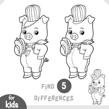 Sandviçli şirin çizgi film domuzu. Anaokulu ve anaokulu çocukları için farklılıkları belirle. Hayvan karakterleri hakkında çizgi film tarzında çocuklar için siyah-beyaz renkli sayfa