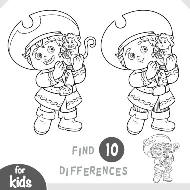 Şirin korsan çocuk ve maymun. Anaokulu ve anaokulu çocukları için farklılıkları belirle. Çocuklar için tropik maceralar hakkında çizgi film tarzında siyah-beyaz renkli sayfa