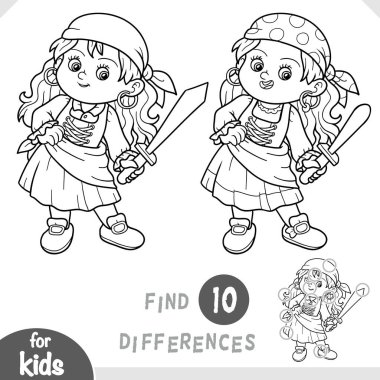 Cute pirate girl and sword. Spot the differences game for kindergarten and preschool children. Black and white coloring page in cartoon style for kids about tropical adventures