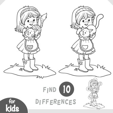 Cute cartoon girl and cat. Spot the differences game for kindergarten and preschool children. Black and white coloring page for kids in cartoon style. Fun printable worksheet