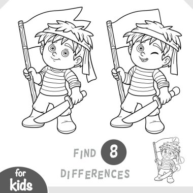 Cute pirate boy with a flag in his hand. Spot the differences game for kindergarten and preschool children. Black and white coloring page in cartoon style for kids about tropical adventures