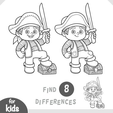 Cute pirate boy and treasure chest. Spot the differences game for kindergarten and preschool children. Black and white coloring page in cartoon style for kids about tropical adventures