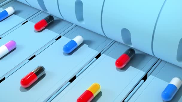 医薬品の丸薬を製造する工場生産ラインのループ可能なアニメーション — ストック動画