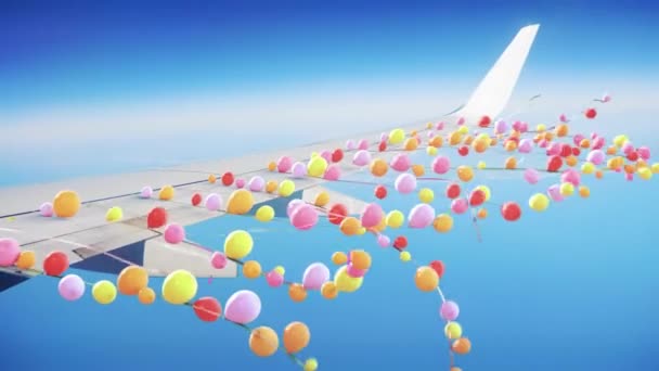 Balony Sznurkach Przymocowanych Skrzydła Samolotu Locie — Wideo stockowe