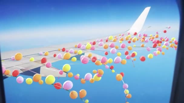 Repülő Repülőgép Szárnyához Erősített Léggömbök Húrokon — Stock videók