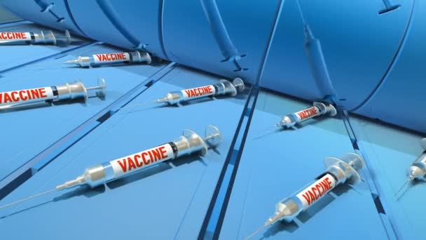 ワクチンでシリンジを製造する工場生産ラインのループ可能なアニメーション — ストック動画