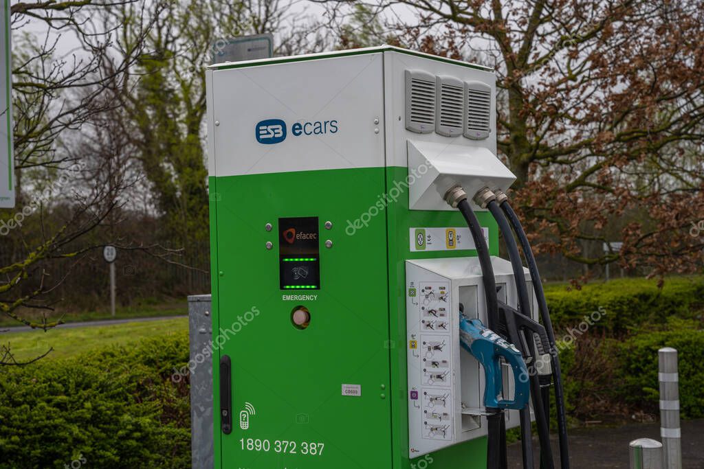 Lusk, County Dublin, Ireland, 29th March 2023. ESB E Car charge point in parking lot for electric and hybrid vehicles