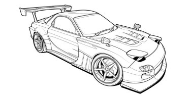 Kitap ve çizim için yetişkin boyama sayfası. Araba vektör çizgisi çizimi. Yüksek hızlı sürüş aracı. Grafik elementi. Tekerlek. Siyah hatlı çizim beyaz arkaplanda izole edilmiş..