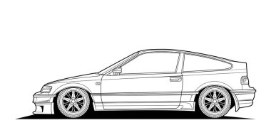 Kitap ve çizim için yetişkin boyama sayfası. Araba vektör çizgisi çizimi. Yüksek hızlı sürüş aracı. Grafik elementi. Tekerlek. Siyah hatlı çizim beyaz arkaplanda izole edilmiş..