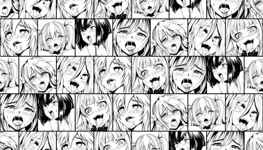 Siyah vektörsüz desen, ahegao ile yüz yüze duygu, illüstrasyon manga seti. Tişörtler, kasklar, arabalar ve duvar kağıtları için el yapımı sanat eserleri. konsept grafik tasarım elemanı. Beyaz arkaplanda izole
