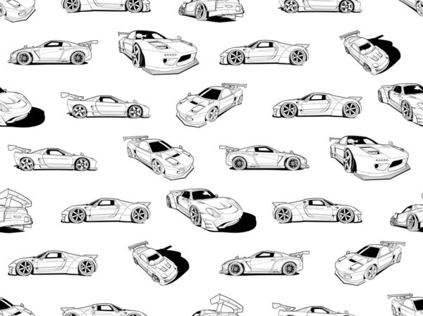 Черно-белый векторный бесшовный узор со спортивными автомобилями, набор иллюстраций. Ручной рисунок для футболок, шлемов, автомобилей и обоев. элемент графического дизайна. Изолированный на белом фоне