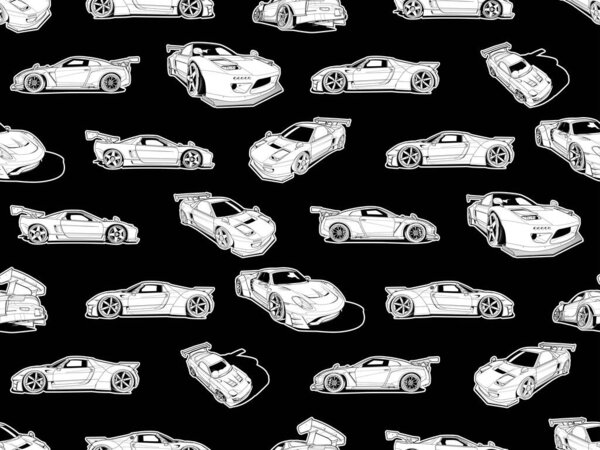 Черно-белый векторный бесшовный узор со спортивными автомобилями, набор иллюстраций. Ручной рисунок для футболок, текстиля, автомобилей и обоев. элемент графического дизайна. Изолированный на черном фоне