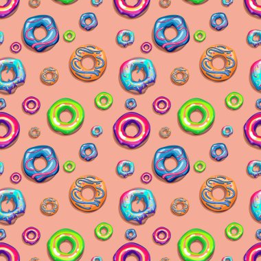 Renkli çöreklerle, jöleli ve serpiştirilmiş eşsiz bir vektör deseni. Paketleme tasarımı için mükemmel, tekstil. Ayrı bir pembe arka planda izole edilmiş..
