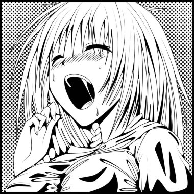 Siyah vektör sanatı, kız ahegao yüz yüze duygu, illüstrasyon manga tarzı. Tişörtler, kasklar, arabalar ve duvar kağıtları için el yapımı sanat eserleri. konsept grafik tasarım elemanı. Beyaz arkaplanda izole