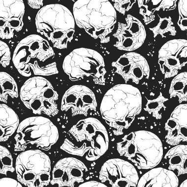 Kafatasları ve çizimleri olan siyah, pürüzsüz bir şekil. Tişörtler, kıyafetler, kasklar, arabalar, kapaklar ve duvar kağıtları için el yapımı sanat eserleri. konsept grafik tasarım elemanı. Beyaz arkaplanda izole.