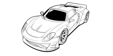 Vektör hattı sanat arabası, konsept tasarım. Aracın siyah hatları çizim çizimi beyaz arkaplanda izole edilmiş. Dolu olmayan bir vuruş. Korku çizimi. Siyah-beyaz simgesi.