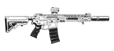 Vektör el yapımı silah düz çizimi, ordu tüfeği, mürekkep stili, konsept tasarım için. Web sitesi ve mobil uygulamalar için siyah-beyaz simge, baskı, tekstil, modern silah. Siyah sanat beyaz arkaplanda izole edildi