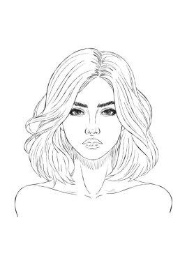 Elle çizilmiş bir portre, güzel bir kız, mürekkep şeklinde. Siyah-beyaz çizim, profil resmi, eskiz sanatı. Uzun saçlı, genç bayan. Beyaz arkaplanda izole