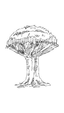 Orijinal vektör ağacı el yapımı çizgi sanatı, mürekkep stili, konsept tasarımı. Beyaz arka planda izole edilmiş siluet. Siyah taslak çizim çizimi. Korku çizimi. Siyah-beyaz simgesi.