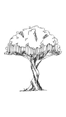 Orijinal vektör ağacı el yapımı çizgi sanatı, mürekkep stili, konsept tasarımı. Beyaz arka planda izole edilmiş siluet. Siyah taslak çizim çizimi. Korku çizimi. Siyah-beyaz simgesi.