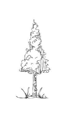 Orijinal vektör ağacı el yapımı çizgi sanatı, mürekkep stili, konsept tasarımı. Beyaz arka planda izole edilmiş siluet. Siyah taslak çizim çizimi. Korku çizimi. Siyah-beyaz simgesi.