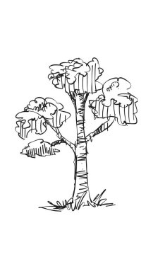 Orijinal vektör ağacı el yapımı çizgi sanatı, mürekkep stili, konsept tasarımı. Beyaz arka planda izole edilmiş siluet. Siyah taslak çizim çizimi. Korku çizimi. Siyah-beyaz simgesi.