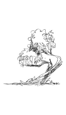 Orijinal vektör ağacı el yapımı çizgi sanatı, mürekkep stili, konsept tasarımı. Beyaz arka planda izole edilmiş siluet. Siyah taslak çizim çizimi. Korku çizimi. Siyah-beyaz simgesi.