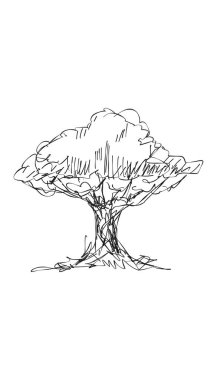 Orijinal vektör ağacı el yapımı çizgi sanatı, mürekkep stili, konsept tasarımı. Beyaz arka planda izole edilmiş siluet. Siyah taslak çizim çizimi. Korku çizimi. Siyah-beyaz simgesi.