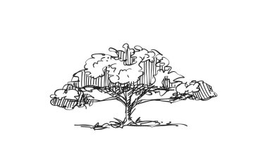 Orijinal vektör ağacı el yapımı çizgi sanatı, mürekkep stili, konsept tasarımı. Beyaz arka planda izole edilmiş siluet. Siyah taslak çizim çizimi. Korku çizimi. Siyah-beyaz simgesi.