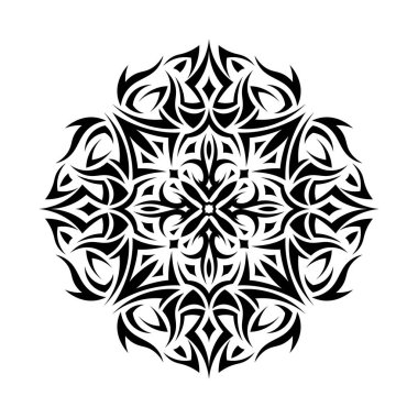 El yapımı vektör çizimi, süslü mandala tasarımı. Detaylı, simetrik desen, zarif çiçek unsurları. Boyama kitapları, dekoratif sanat, davetiyeler. Beyaz çizgi sanatı, siyah arkaplanda izole.