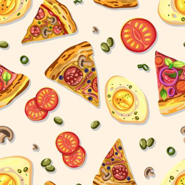 Kusursuz pizza kalıbı, biberli, mantarlı, domatesli ve zeytinli renkli dilimler. Yemek paketleme, restoran dekorasyonu ve mutfak temalı projeler için ideal. Arkaplanda izole