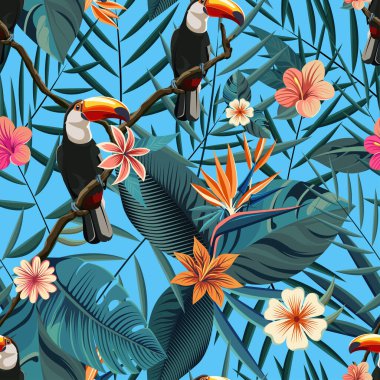 Mavi arka planda izole edilmiş renkli çiçekleri ve tukanları olan hareketsiz tropikal desenler. Bereketli yeşil yapraklar, çiçekler egzotik çiçekler, yaz ve orman temalı tasarımlar için mükemmel.
