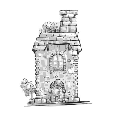 El çizimi ev tasviri, siyah beyaz taslak, taş kulübe, tuhaf mimari, fantezi binası ortaçağ tarzı, ayrıntılı çizgi sanatı, rahat ev, beyaz arka planda izole edilmiş klasik tasarım.