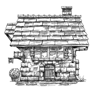 El çizimi ev tasviri, siyah beyaz taslak, taş kulübe, tuhaf mimari, fantezi binası ortaçağ tarzı, ayrıntılı çizgi sanatı, rahat ev, beyaz arka planda izole edilmiş klasik tasarım.