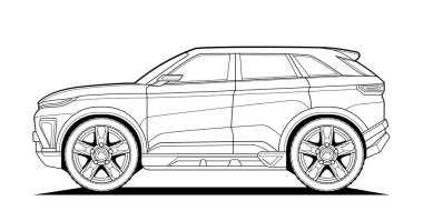 Kitap ve çizim için boyama sayfası. Vektör illüstrasyonu kavramı. Off-road aracı. Grafik elementi. Araba tekerleği. Siyah hatlı çizim beyaz arkaplanda izole edilmiş..