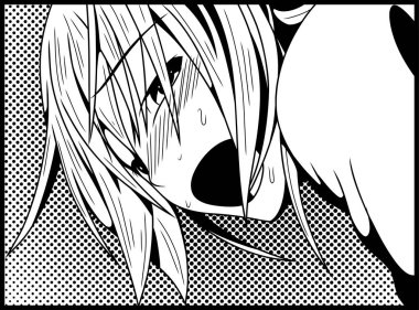 Kızaran anime bir kızın manga tarzı siyah-beyaz çizimi. Yoğun bir ifade, ter ve açık ağızla. Yarım ton arkaplan, dinamik çizgiler ve duygusal ayrıntı. Çizgi romanseverler ve manga sanatı