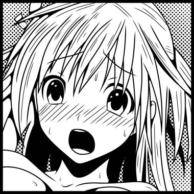 Manga-style black and white illustration of a blushing anime girl with an intense expression, sweat, and open mouth. Halftone background, dynamic lines and emotional detail. Comic lovers and manga art clipart