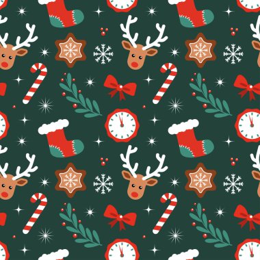 Kusursuz Noel deseni, ren geyiği, şeker kamışı, çorap, zencefilli kurabiye, kar tanesi, kırmızı, yeşil, beyaz renkler. Yeşil arkaplanda izole edilmiş, hediye paketi tekstil dekorasyonları