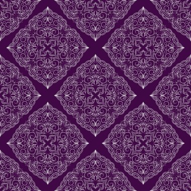 Beyaz çiçekli ve geometrik motifli zarif, dikişsiz desen. Duvar kağıtları, tekstil ve iç tasarım projeleri için uygundur. Klasik ve modern dekorlar için mükemmeldir. Mor üzerine izole edilmiş.