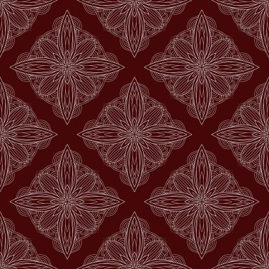 Beyaz çiçekli ve geometrik motifli zarif, dikişsiz desen. Duvar kağıtları, tekstil ve iç tasarım projeleri için uygundur. Klasik ve modern dekorlar için mükemmeldir. Kırmızıda izole edilmiş