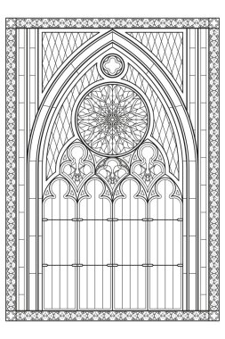 Son moda gotik vektör boyalı cam pencere. Çiçek desenleri ve geometrik desenleri karışık. Siyah-beyaz çizgili sanat illüstrasyonu. Beyaz arkaplanda izole edilmiş boyama kitabı, poster ve dekorasyon için tasarım