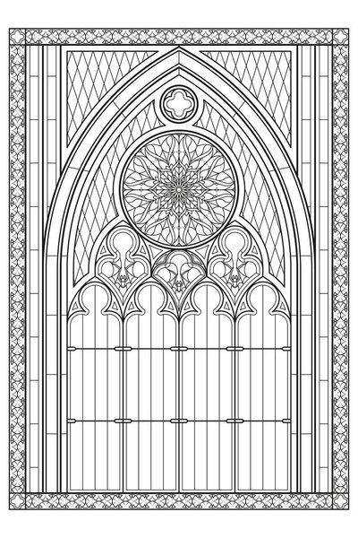 Модные готические векторные витражи со сложными цветочными и геометрическими узорами. Иллюстрация черно-белой линии. Дизайн для раскраски книги, плакат, украшения изолированы на белом фоне
