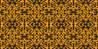 Siyah bir arkaplanda izole edilmiş turuncu kaligrafik elementlerle modaya uygun, simetrik, pürüzsüz bir desen. Dinamik ve zarif. Tekstil, duvar kağıtları ya da modern markalaşma projeleri için mükemmel.