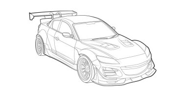 Vektör hattı sanat arabası, konsept tasarım. Aracın siyah hatları çizim çizimi beyaz arkaplanda izole edilmiş. Dolu olmayan bir vuruş. Korku çizimi. Siyah-beyaz simgesi.