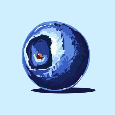 Açık mavi arka planda tek bir yaban mersininin vektör çizimi kalın fırça darbeleri, canlı mavi gölgeler sulu doku ve yiyecek tasarımı için izole edilmiş yüksek kontrastlı meyve klipsi.