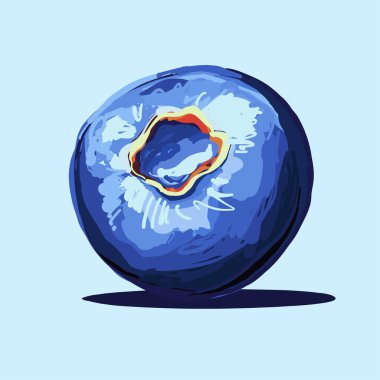 Açık mavi arka planda tek bir yaban mersininin vektör çizimi kalın fırça darbeleri, canlı mavi gölgeler sulu doku ve yiyecek tasarımı için izole edilmiş yüksek kontrastlı meyve klipsi.