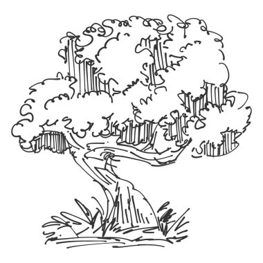 Orijinal vektör ağacı el yapımı çizgi sanatı, mürekkep stili, konsept tasarımı. Beyaz arka planda izole edilmiş siluet. Siyah taslak çizim çizimi. Korku çizimi. Siyah-beyaz simgesi.