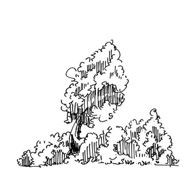 Orijinal vektör ağacı el yapımı çizgi sanatı, mürekkep stili, konsept tasarımı. Beyaz arka planda izole edilmiş siluet. Siyah taslak çizim çizimi. Korku çizimi. Siyah-beyaz simgesi.